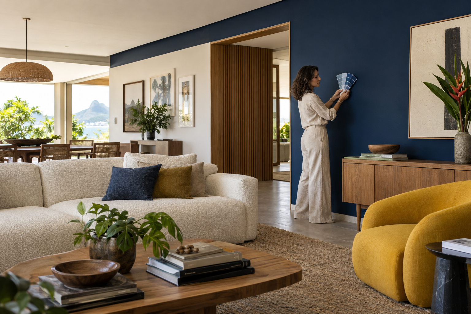 Cena ilustrativa de designer avaliando cores em ambiente com parede azul e detalhes amarelos