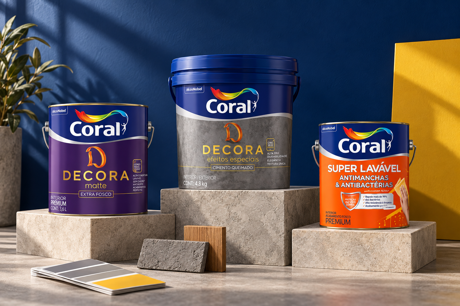 Composição ilustrativa com tintas Coral Decora e Superlavável sobre bases de pedra